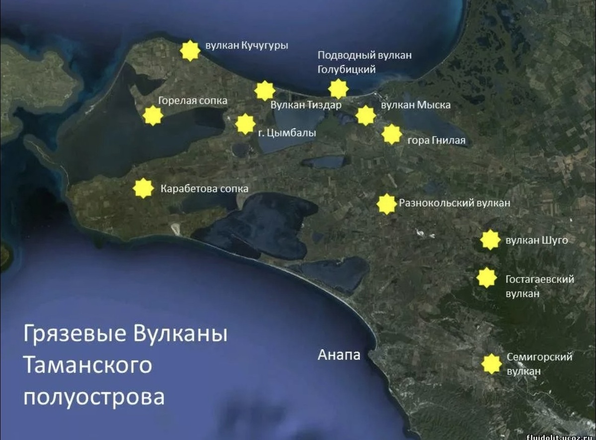 Карта расположений грязевых вулканов на Таманском полуострове, из Интернета. 