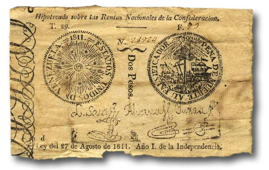 Первые бумажные деньги страны. 2 песо 1811 года