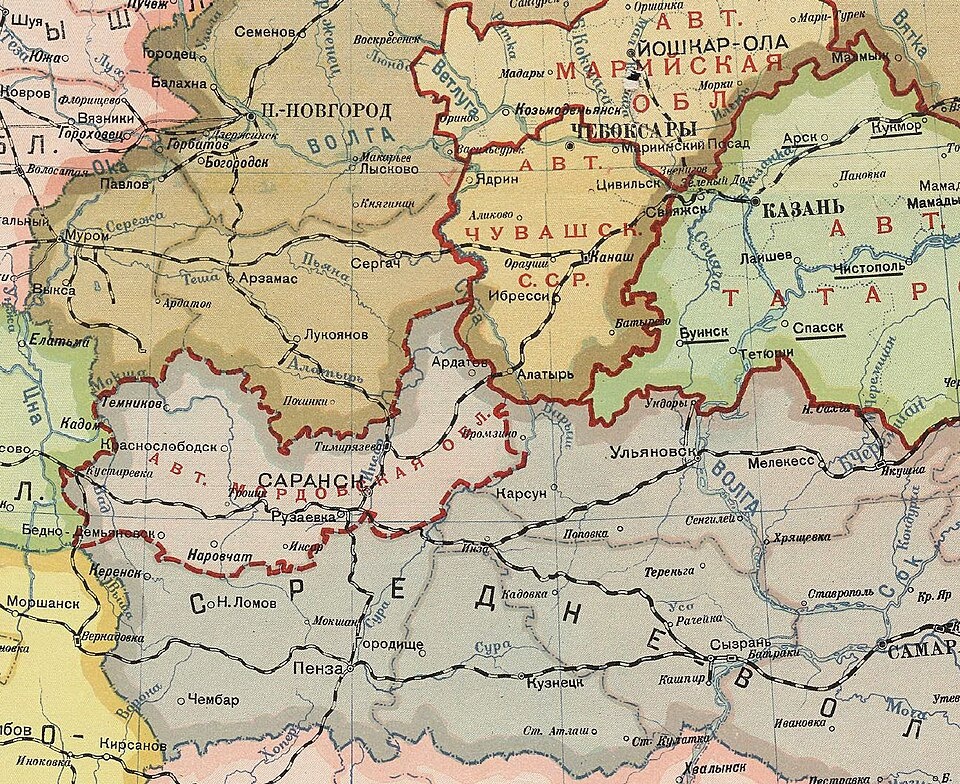 Архивная карта Эрзя-Мокшского автономного округа (Мордвинского округа), переименованного в Мордвинскую автономную область, 1930 год. Фото является общественным достоянием.