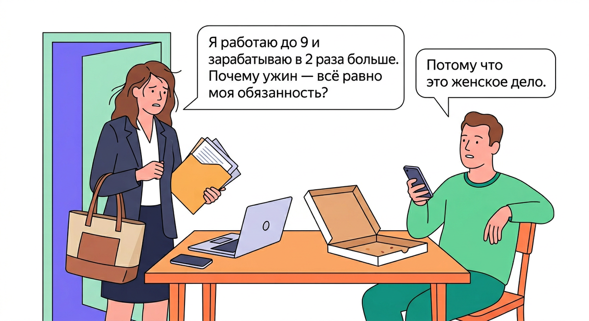 Муж зарабатывает 45 тысяч, не ищет работу получше — но считает, что я обязана готовить и убирать после 12 часов работы