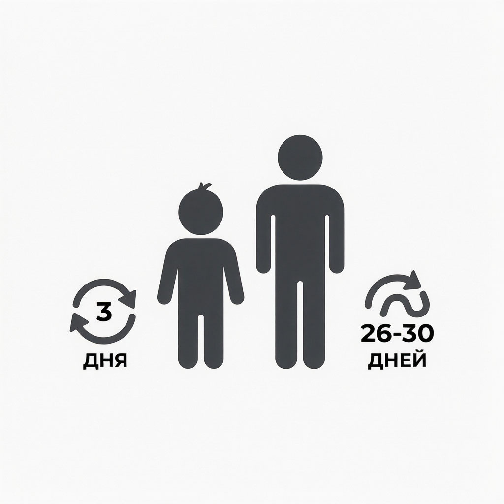 У новорождённых кожа обновляется за 3 дня, у взрослых — за 26–30 дней. С возрастом процесс замедляется — поэтому важен правильный уход.