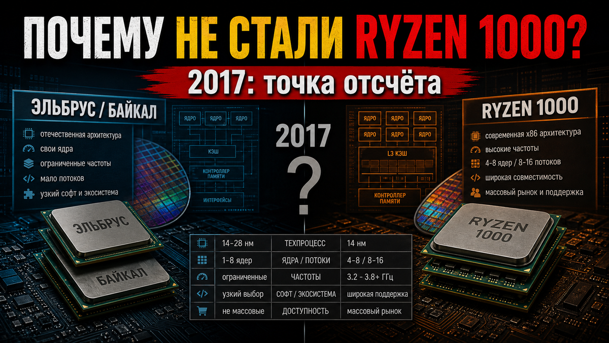 Честная точка сравнения - не свежий Ryzen 2026 года, а первый Ryzen 1000 из 2017-го: 14 нм, AM4, массовый рынок и понятная цена.
