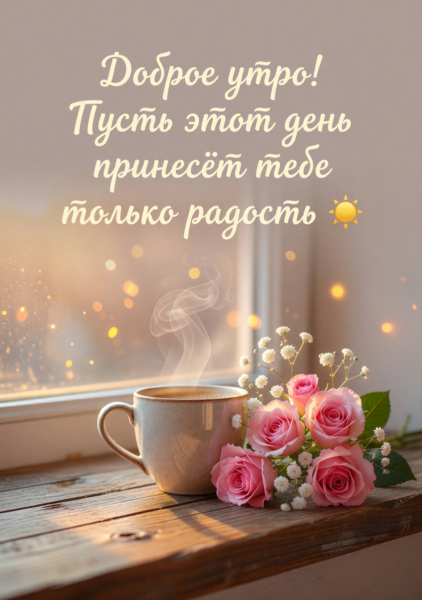 Живая открытка доброе утро — чашка кофе розы и тёплый рассвет создают уютное утреннее настроение.