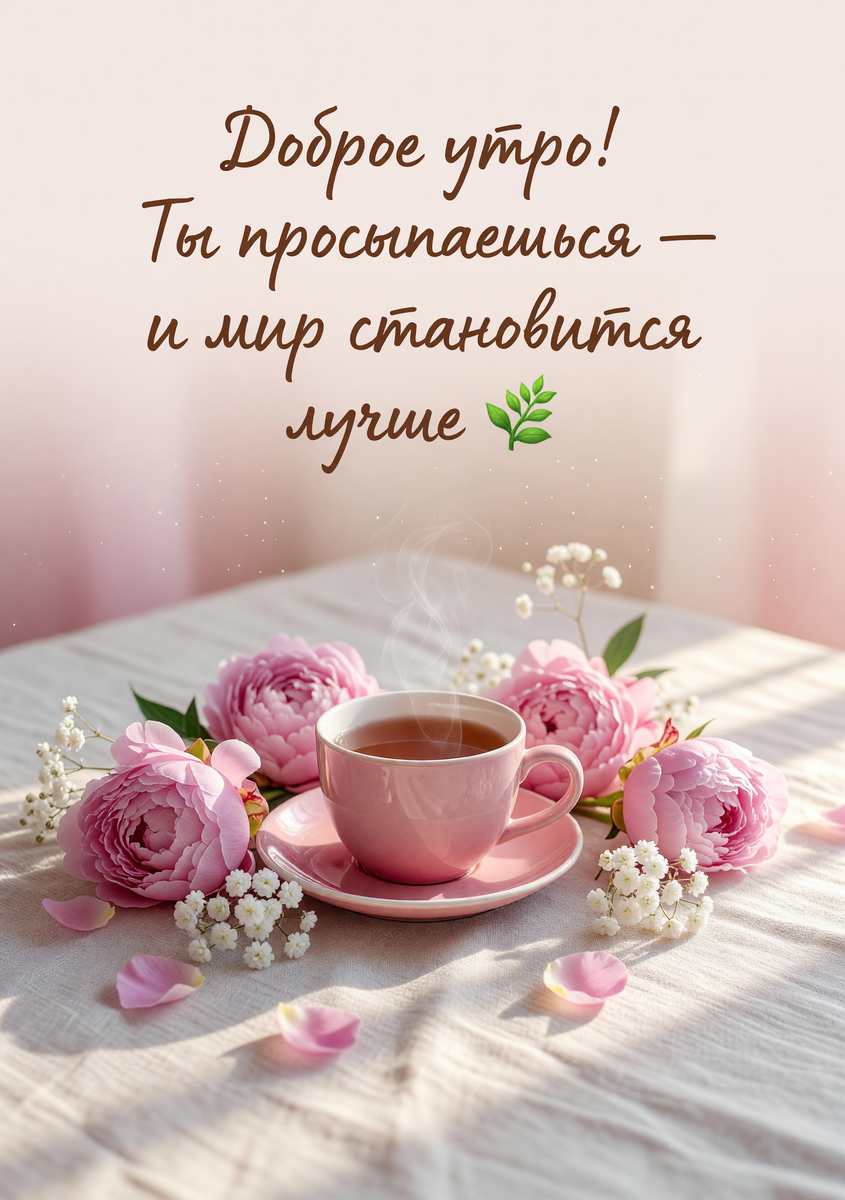 Открытка с добрым утром — пионы чашка чая и нежный свет для самого тёплого начала дня.