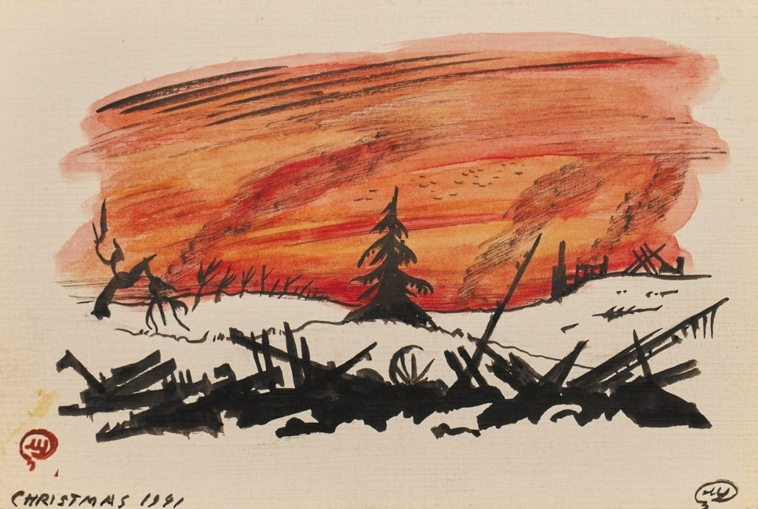 Ил. № 2 Добужинский М. В. Рукописная поздравительная открытка «Christmas». 1941. Бумага, тушь, перо, кисть, акварель; 8,7х13 см. Собрание М. Сеславинского, Москва