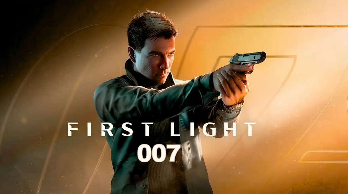Обложка игры 007 First Light с молодым Джеймсом Бондом в куртке на фоне логотипа игры