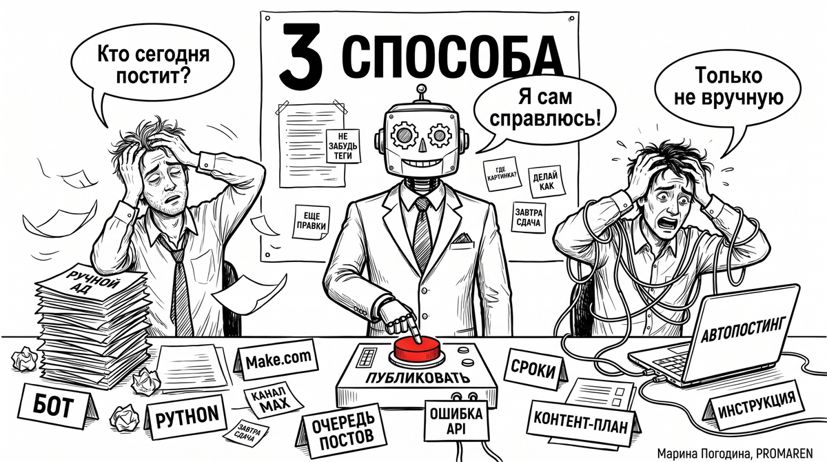    Автопостинг в MAX глазами редакционной карикатуры | Марина Погодина, PROMAREN