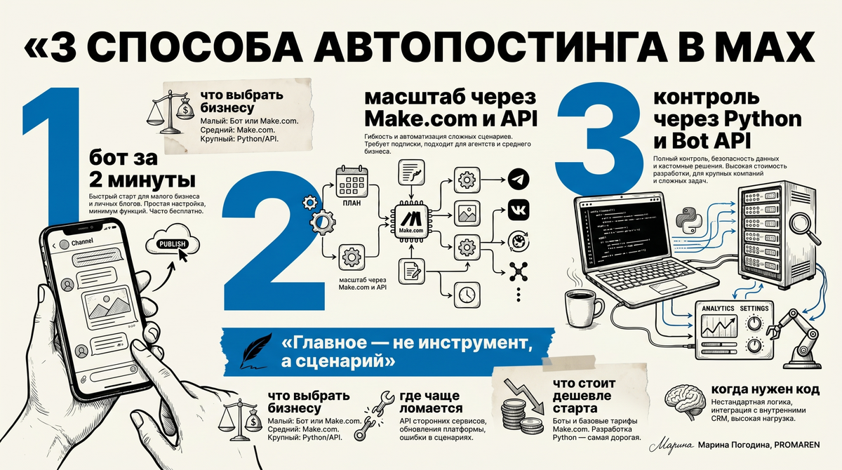    Автопостинг в MAX: бот, Make.com или Python | Марина Погодина, PROMAREN