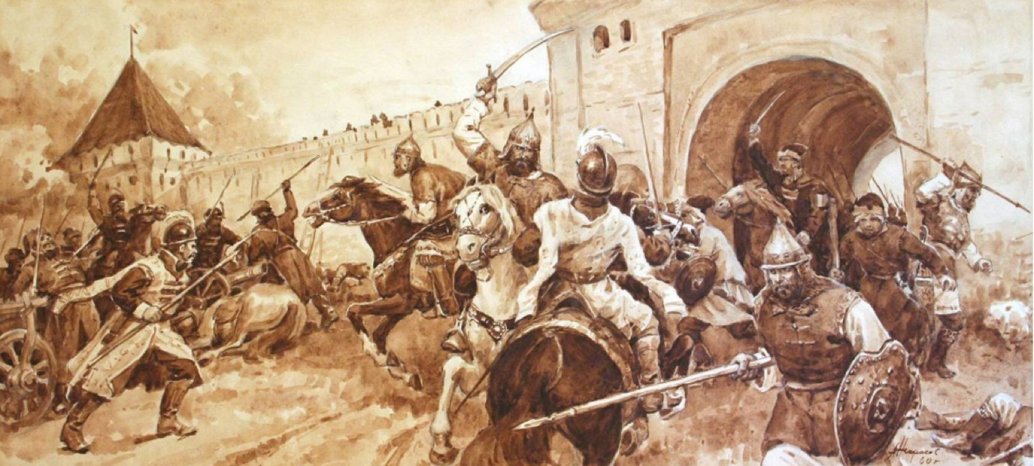 Оборона Спасского монастыря от поляков в мае 1609 года. (Худ. Некрасов А.П. 1960)