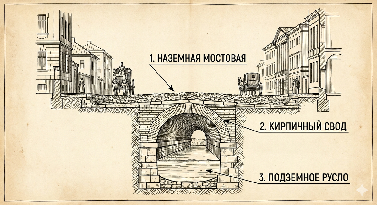 1.(НАЗЕМНАЯ МОСТОВАЯ): Уровень дорожного покрытия XVIII века с первыми слоями каменной брусчатки.
2.(КИРПИЧНЫЙ СВОД): Прочный арочный коллектор, удерживающий колоссальное давление городского грунта.
3.(ПОДЗЕМНОЕ РУСЛО): Естественное течение замурованной реки, запертое инженерами в гранитный желоб.