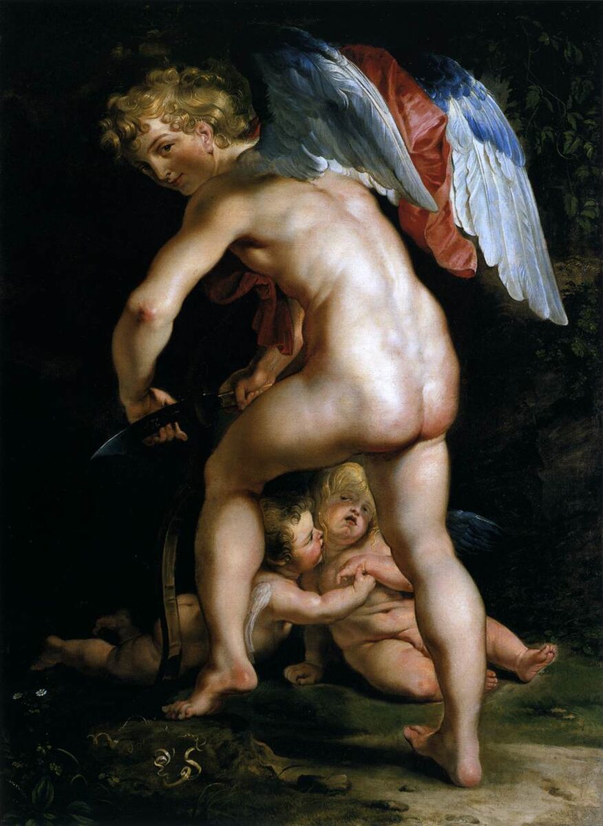 Питер Пауль Рубенс «Амур, вырезающий лук», 1615 год. Холст, масло. Размеры: 142х108 см. Старая Пинакотека, Мюнхен. Инв. 1304. Фото картины взято из открытого источника.