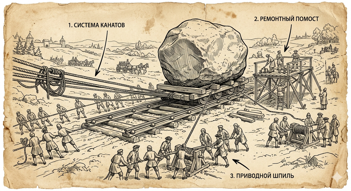 1.(СИСТЕМА КАНАТОВ): Сложная система корабельных канатов и блоков (полиспастов) для увеличения тяги.
2.(РЕМОНТНЫЙ ПОМОСТ): Передвижная платформа, на которой кузнецы на ходу чистили и перекладывали шары.
3.(ПРИВОДНОЙ ШПИЛЬ): Массивные деревянные кабестаны, которые рабочие вращали вручную для движения скалы.