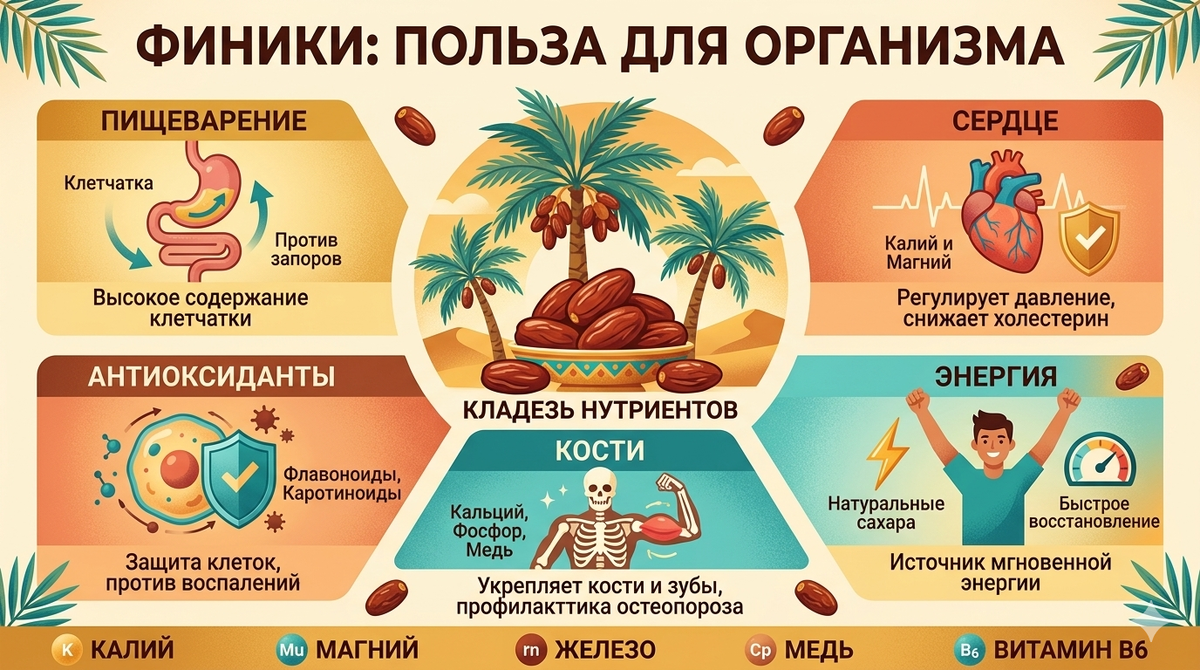 Плюсы фиников - инфографика автора.