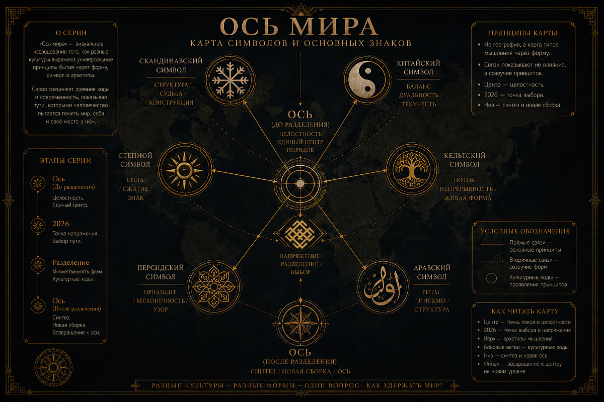 «Ось мира» — карта символов и основных знаков серии.
Визуальная схема архетипов, культурных принципов и внутренних связей между разными системами мышления.
Не географическая карта, а карта смыслов.

Автор проекта: Дарья Белых
Серия символических картин «Ось мира»
2026