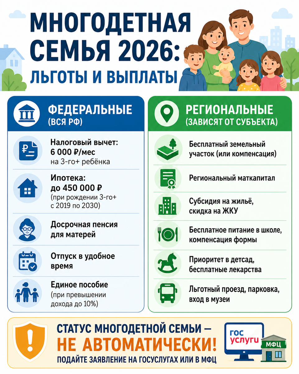 Перечень (список) льгот для многодетных 2026 