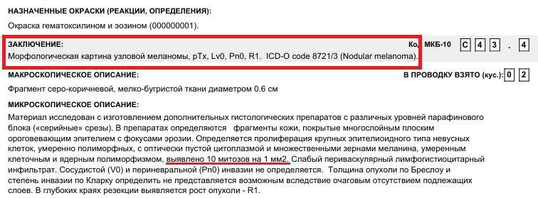 10 митозов на 1 квадратный мм - это очень высокая митотическая активность - признак агрессивности опухоли