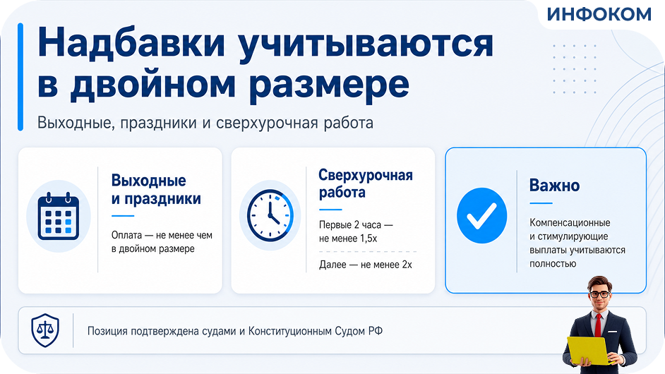 📌 При оплате выходных, праздников и сверхурочной работы надбавки учитываются в повышенном размере