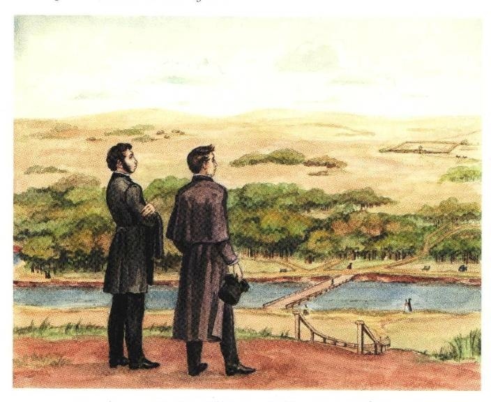 В. И. Даль и А.С.Пушкин на берегу Урала. Рисунок О. Козловской. Акварель.
