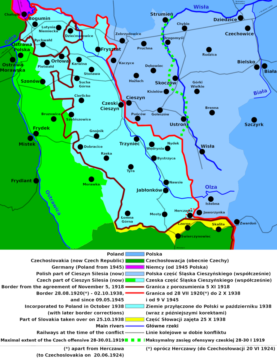 Карта Тешинской Силезии 1918—1945.