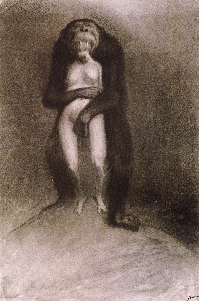 Alfred Kubin (1877-1959) «Обезьяна (Нападение)», (Der Affe (Überfall)), 31,3×25,8 см, ок. 1903–1904, рисунок черной тушью, пером, размывка, напыление, бумага 
