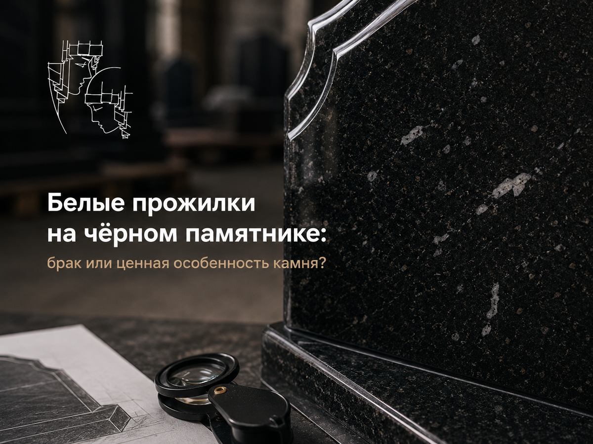 Белые прожилки на чёрном габбро-диабазе — природный рисунок камня, который становится заметен после полировки и не снижает прочность памятника
