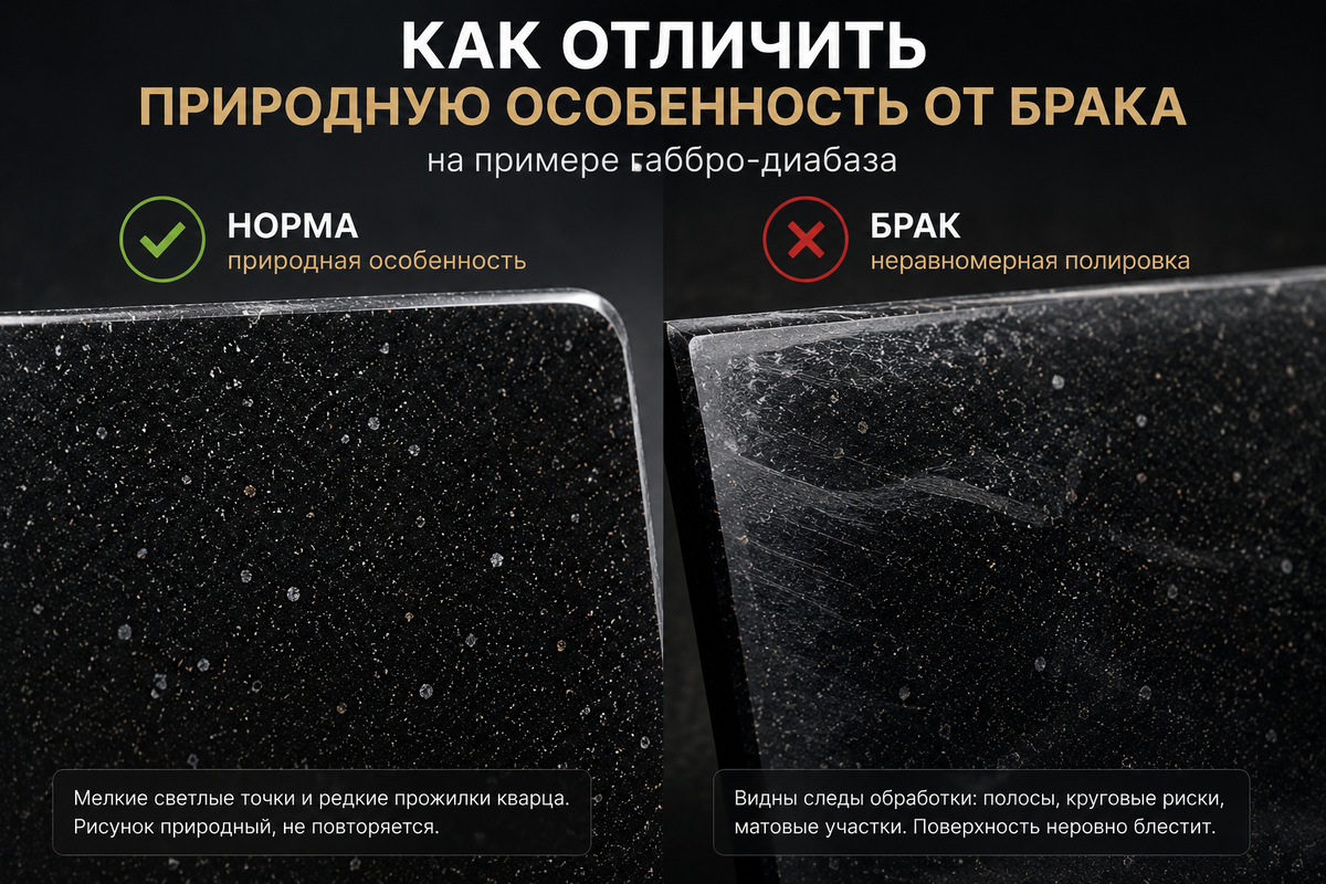 Кварцевые вкрапления на габбро-диабазе — норма, следы некачественной полировки и матовые участки —  относятся к дефектам обработки