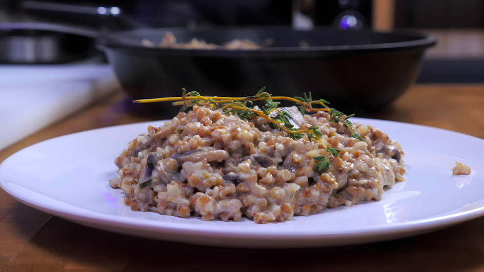 Гречка с шампиньонами и пармезаном.