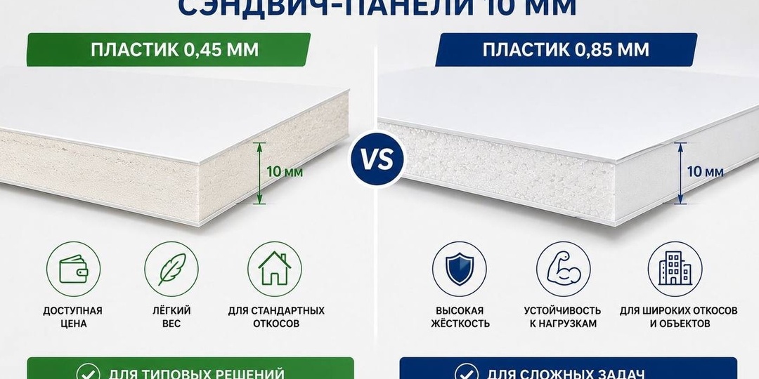 СЭНДВИЧ-ПАНЕЛИ 10 ММ 0,45 мм или 0,85 мм — в чём разница?