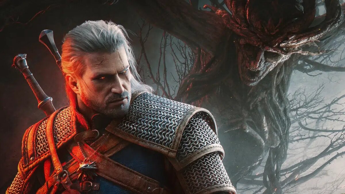    Geralt of Rivia in armor with a sword, standing before a dark, twisted tree-like creature in a fantasy scene