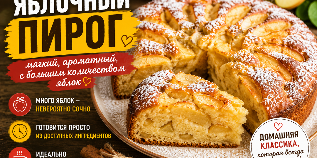 🍎 Яблочный пирог. Мягкий, ароматный, с большим количеством яблок и уютным домашним вкусом