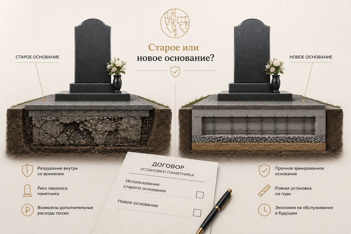 Старое основание может скрывать внутренние трещины, которые со временем приводят к перекосу памятника