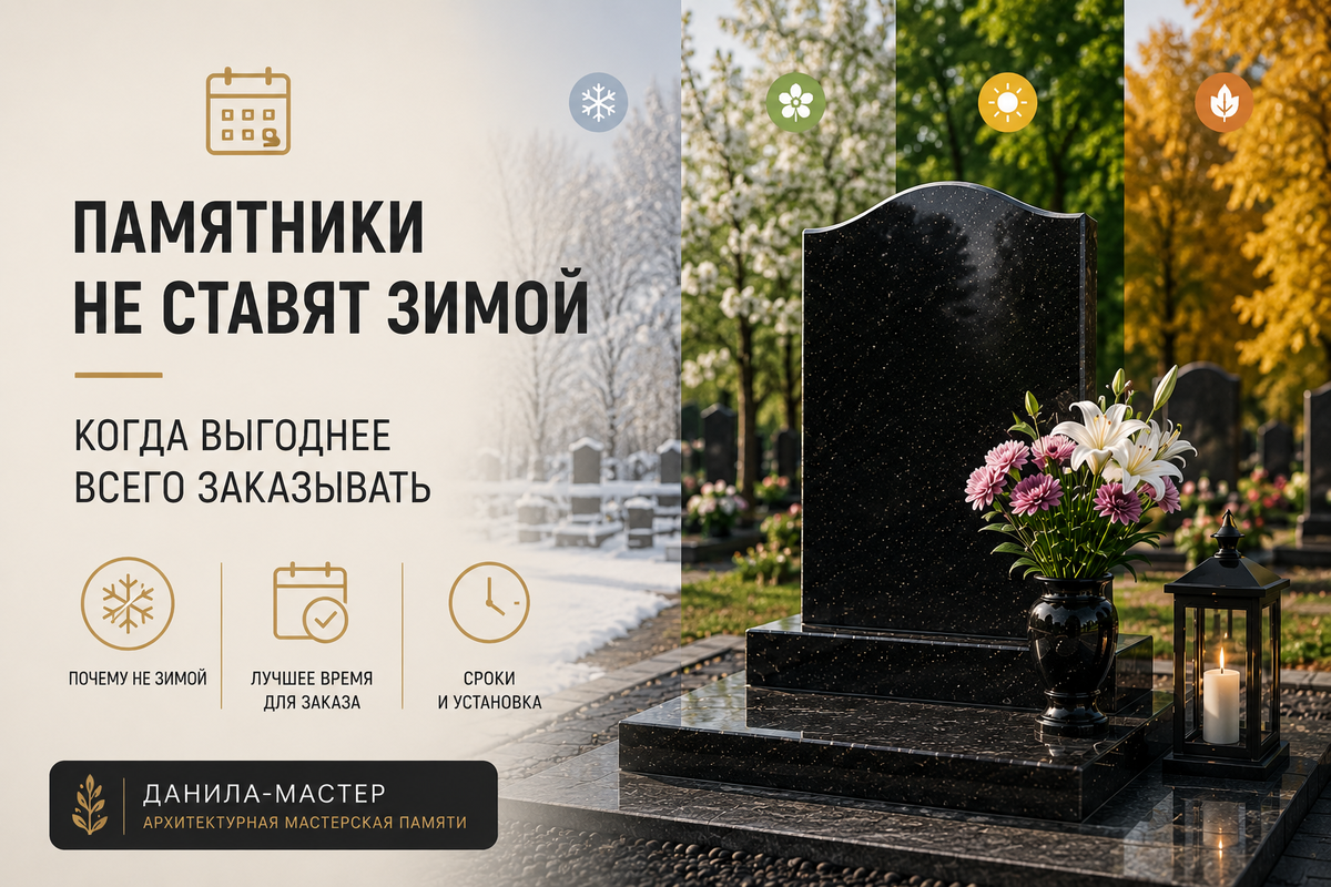 Зимой памятники не устанавливают, поэтому сроки заказа лучше планировать заранее — с учётом сезона и графика работ