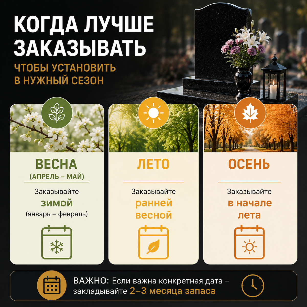 Когда заказывать памятник, чтобы установка не ушла на следующий сезон