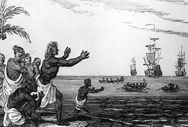 1510 год. Туземцы встречают португальские корабли. Изображение: Hulton Archive / Getty