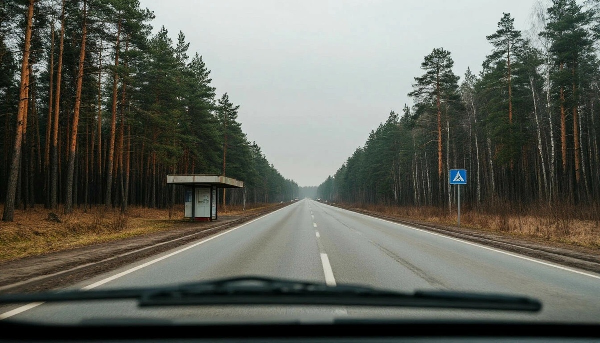 Вид из окна машины. Одинаковые пролёты лесополосы, пустая остановка, ровное серое небо. Пейзаж практически не меняется. Именно такая монотонность создаёт ощущение остановки времени.