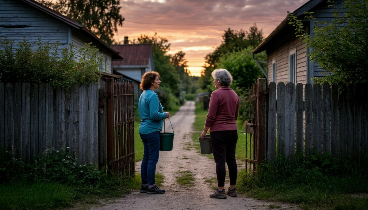 Деревенская улица. Калитка, забор. Женщина стоит у калитки, лицом к соседке, которая находится за кадром. Поза напряжённая, руки заняты ведром. Свет вечерний, разговор явно затянулся дольше, чем хотелось бы.