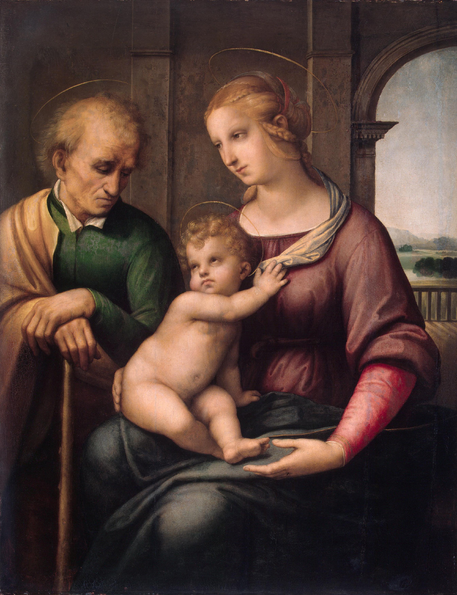 Рафаэль, «Мадонна с безбородым св.Иосифом», 1506-1507 гг Холст (перенесено с деревянной панели), масло, темпера. 72.5 х 56.5см Государственный Эрмитаж, Санкт-Петербург. 