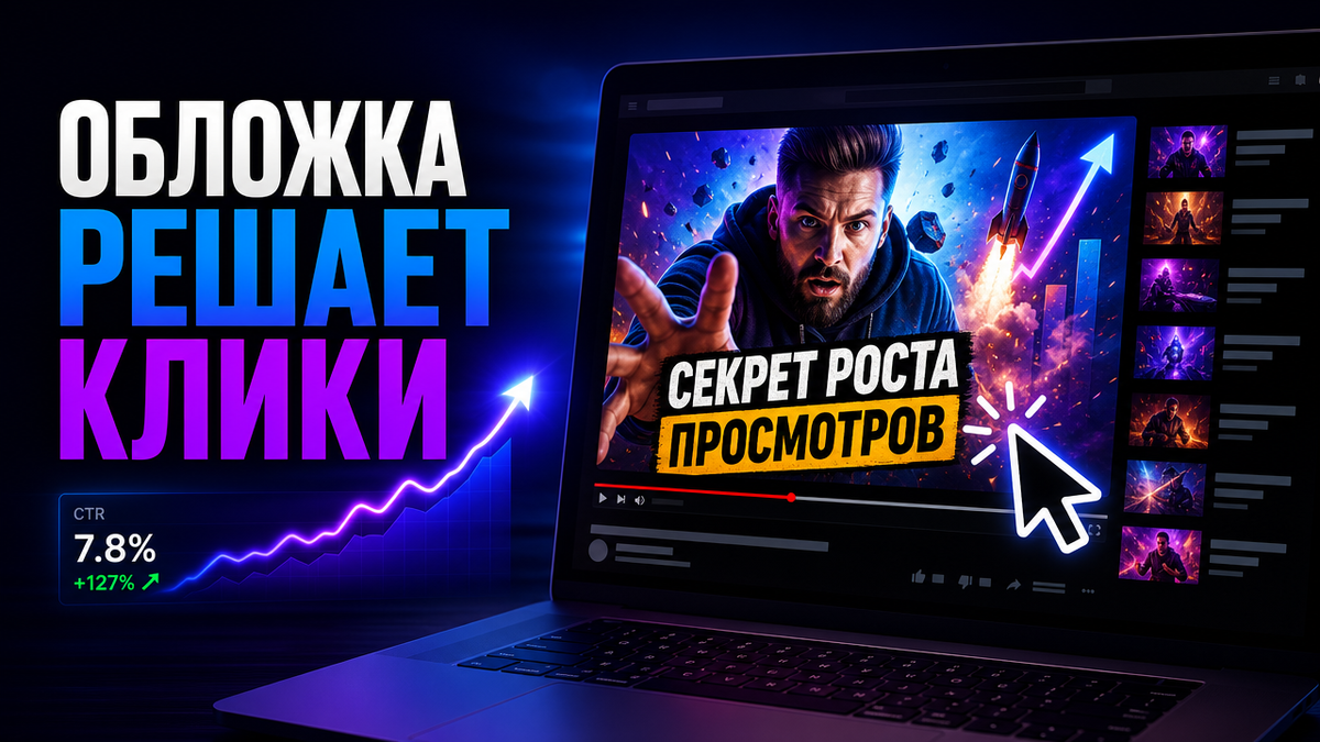 Обложка YouTube-видео на экране ноутбука: крупный текст «Обложка решает клики», пример превью «Секрет роста просмотров», курсор клика и график роста CTR