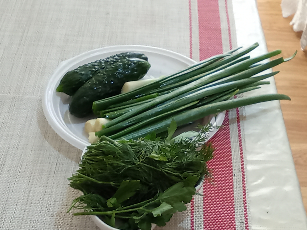 Огурцы, зелёный лук, укроп и петрушка.