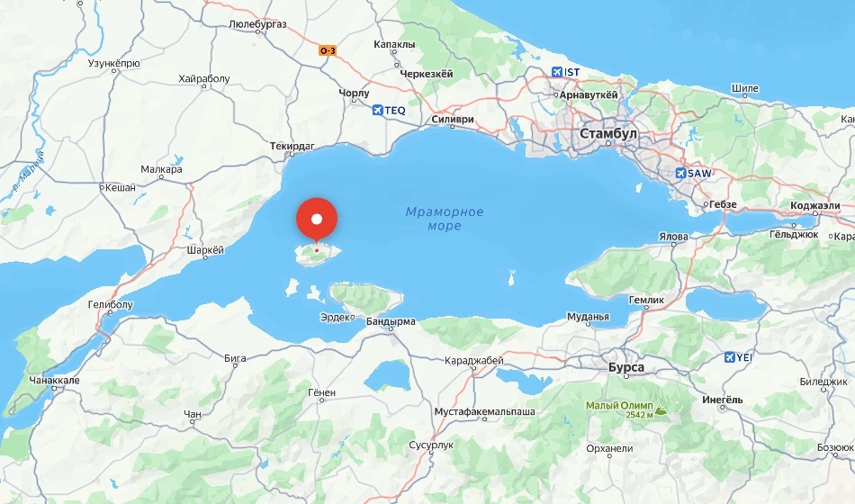 Остров Мармар и Мраморное море на карте