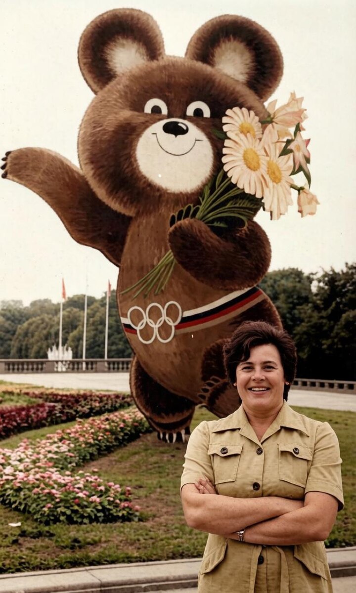 Фотография женщины перед Мишкой, символом 
Московской Олимпиады 1980 года