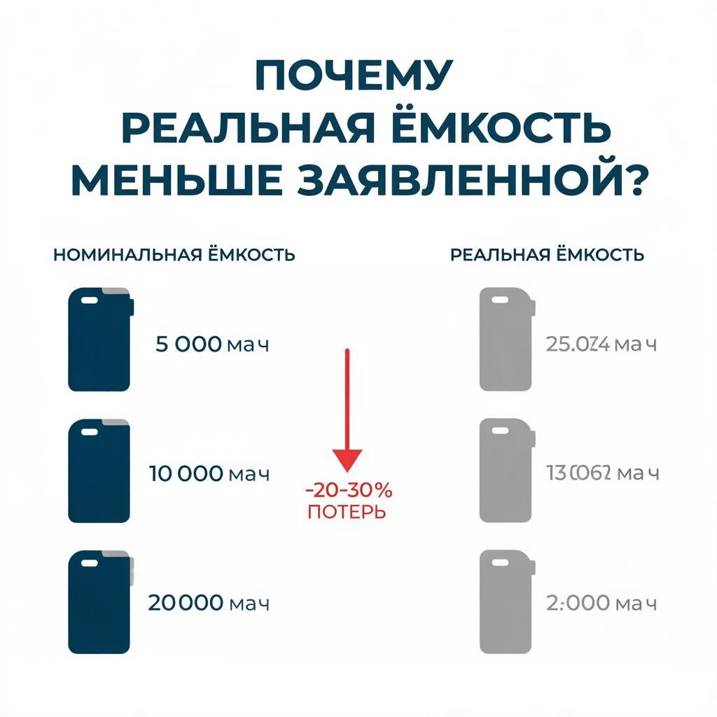 Заголовок: Реальная ёмкость power bank: не верьте цифрам на коробке 🔋

Описание: Часто видим на упаковке «20 000 мАч», а на деле хватает всего на пару зарядок? Всё из-за потерь при передаче энергии.

Коротко о главном:

заявленная ёмкость — это «идеал» в лаборатории;
реальная ёмкость — то, что дойдёт до вашего смартфона;
потери составляют 20–30% от номинала.
Сохраняйте, чтобы не ошибиться при выборе! 👇

#powerbank #внешнийаккумулятор #гайд #выбортехники