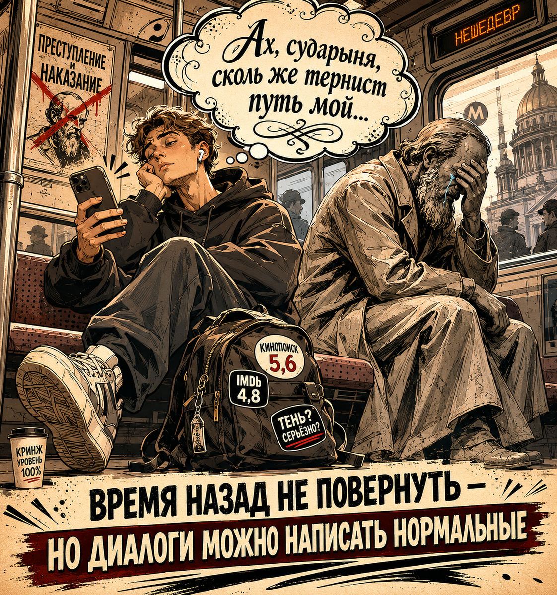 Комикс парень в метро говорит старомодные фразы плачущий Достоевский