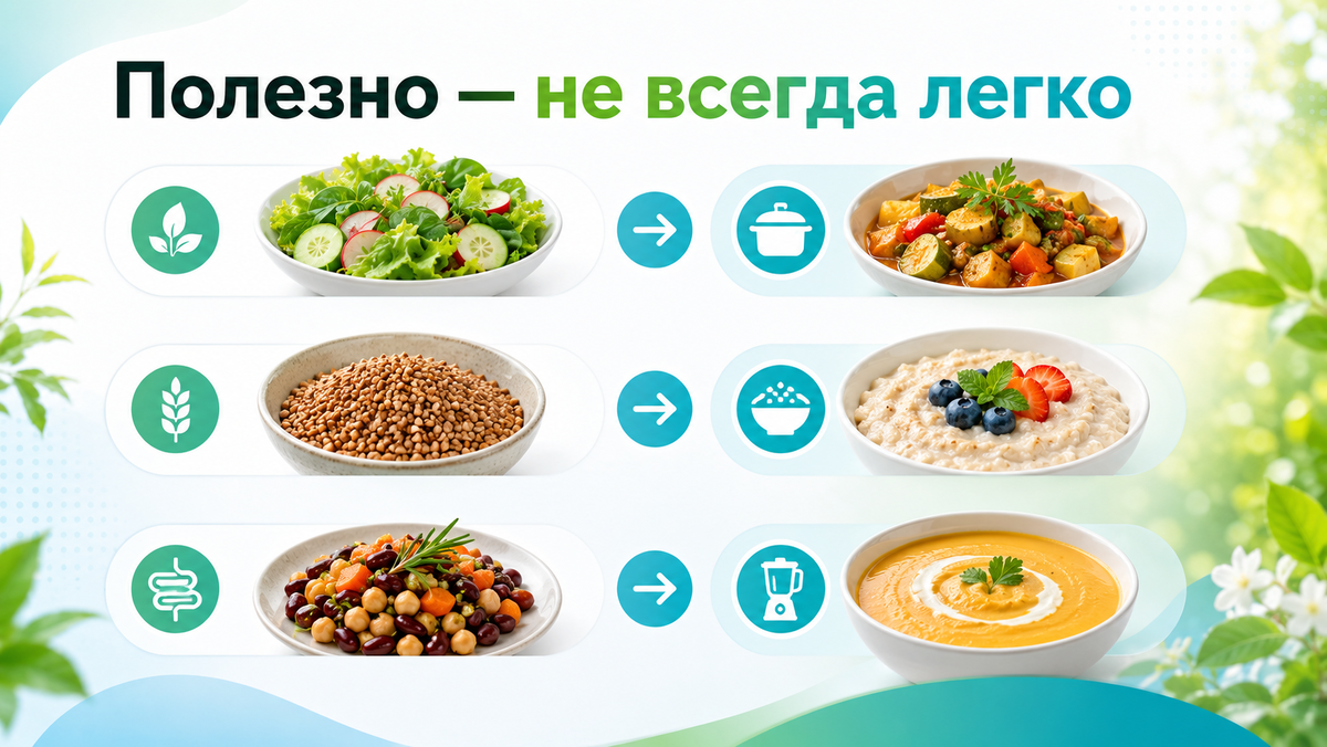 Полезные продукты не всегда одинаково легко перевариваются: иногда сырые овощи и плотные крупы лучше заменить на тушёные овощи, мягкую кашу или суп-пюре.