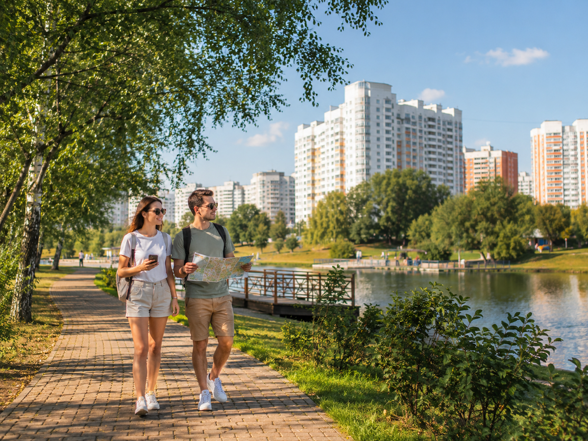 Прекрасный, зеленый район Митино для прогулок туристов 