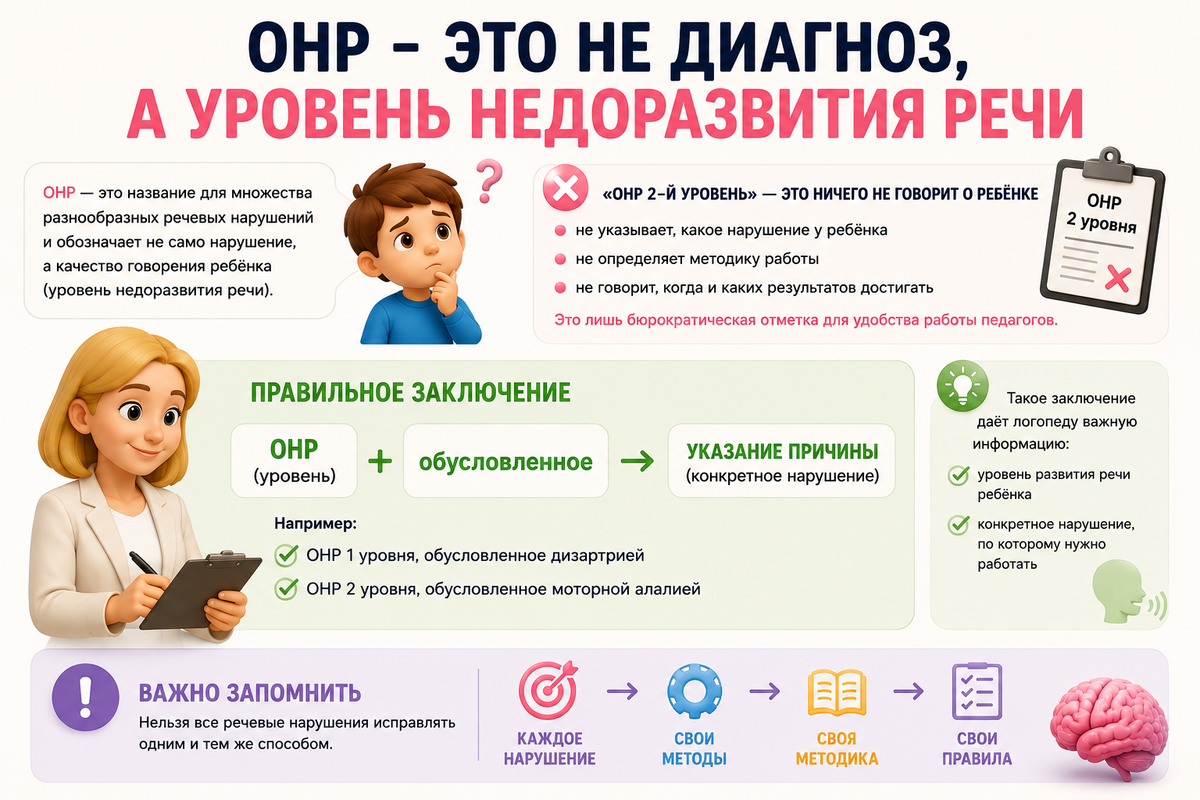 ОНР - это не диагноз и не логопедическое заключение. Это обозначение уровня недоразвития речи, которое должно быть обусловлено каким-либо нарушением.