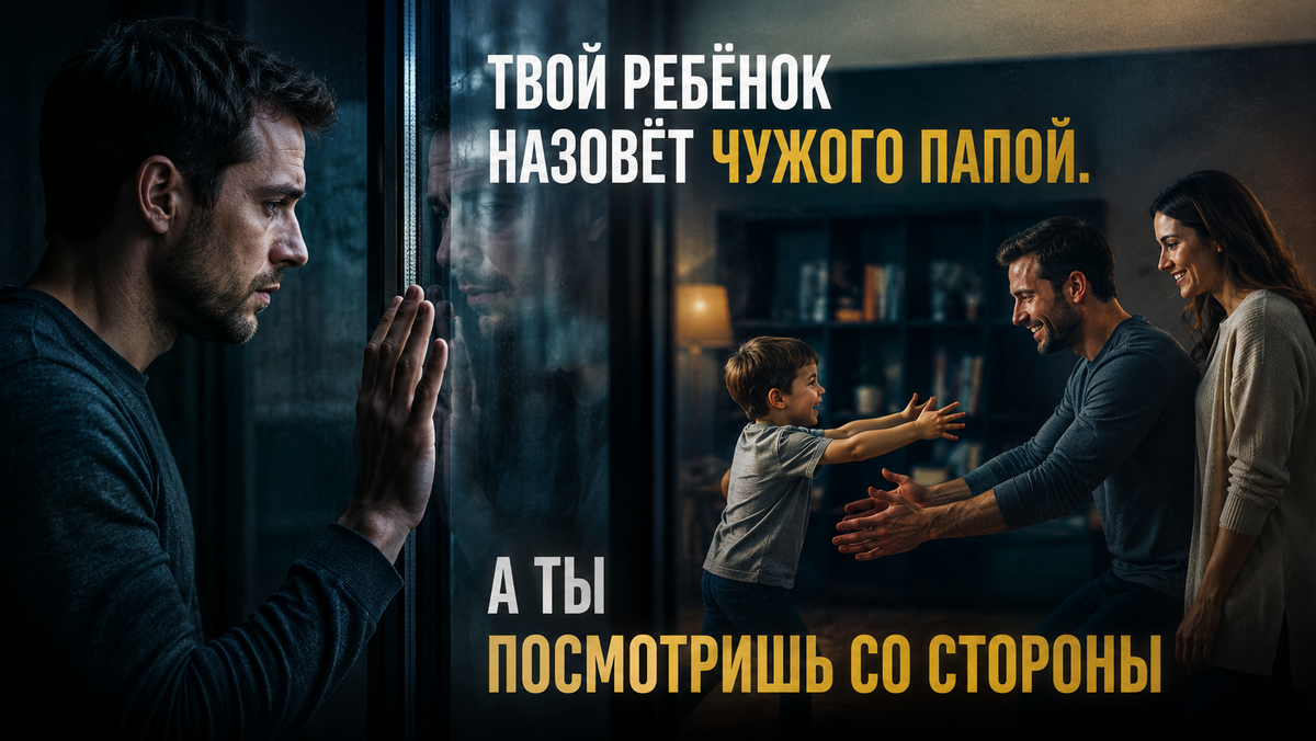 Мужчина за стеклом, за стеклом женщина, другой мужчина и ребёнок.
