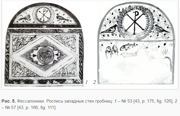 Скрины росписей склепов/гробниц - из статьи Завадской И. А. Христианские символы в росписи склепов Херсонеса // Материалы по археологии, истории и этнографии Таврии. 2023. Вып. XXVIII. URL: https://maiet.cfuv.ru/xristianskie-simvoly-v-rospisi-sklepov-xersonesa/
