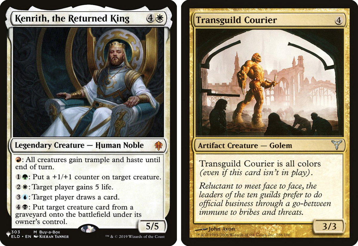Kenrith, the Returned King имеет белый цвет, а вот его цветовая идентичность включает все пять цветов. Transguild Courier имеет бесцветную мана-стоимость, но его ОСХ даёт ему как все 5 цветов, так и полную цветовую идентичность 
