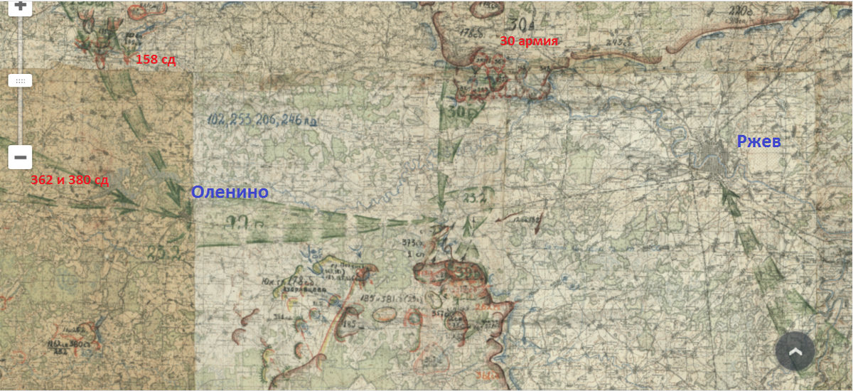Планы наступления Калининского фронта к 23.02.1942. Полоса ответственности 186 сд и с. Молодой Туд на севере - между 158 сд  и 30 армией. Карта Калининского фронта на 15-23 февраля 1942